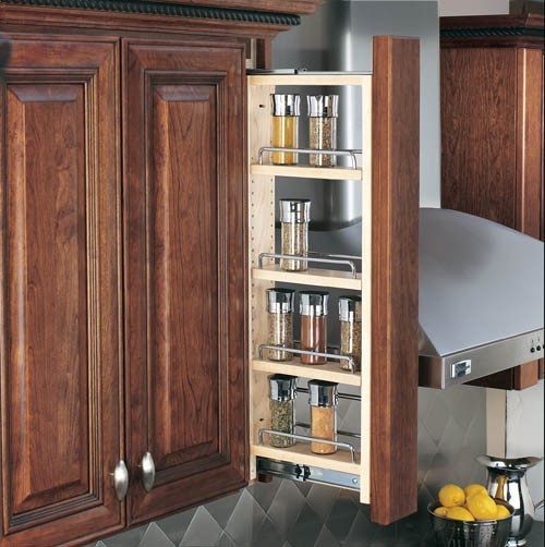A wall filler organizer can be used in place of a cabinet to sort items like spices and those other everyday ingredients.