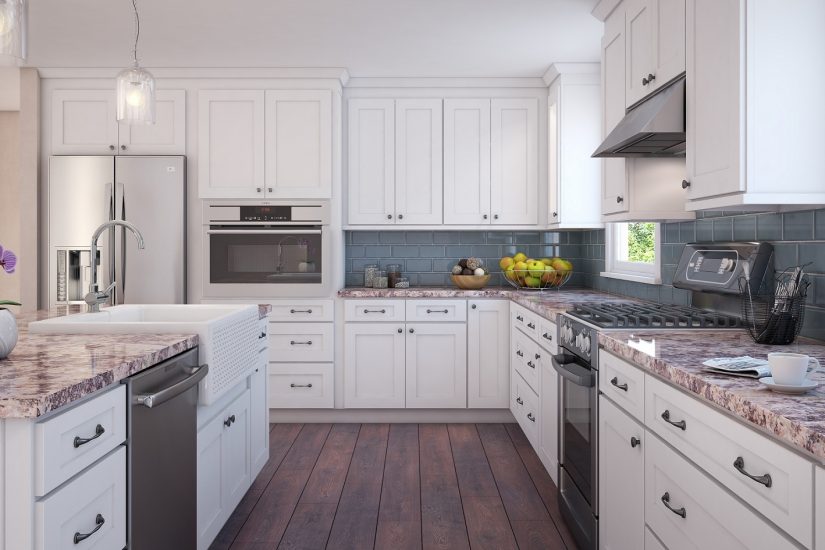 If you're looking for the increasingly popular white cabinet look but don't feel like painting your old cabinets, you can get white shaker cabinets ready to assemble.