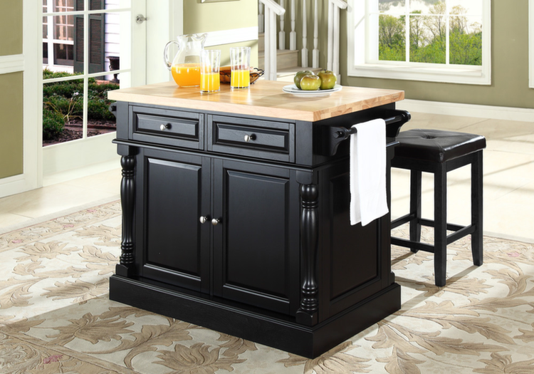Butcher Block Top Kitchen Island with Black Upholstered Square Stools - The RTA Store