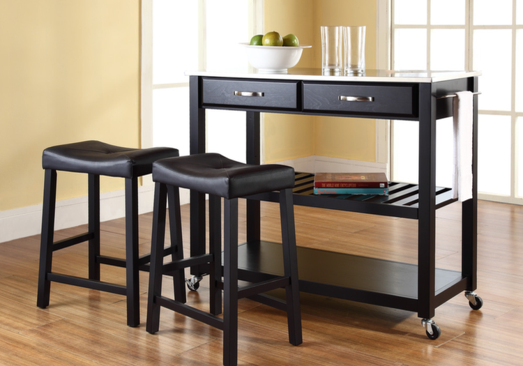 Stainless Steel Top Kitchen Cart/Island in Black Finish with Upholstered Saddle Stools - The RTA Store