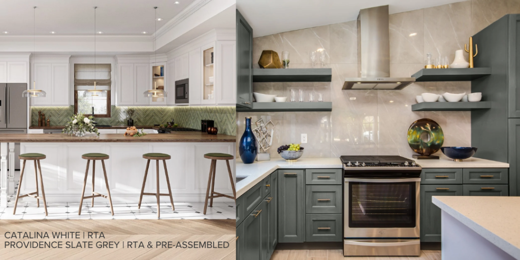 Catalina White Kitchen Cabinets with contrasting backsplash, Providence Slate Grey Kitchen Cabinets with neutral countertop & backsplash