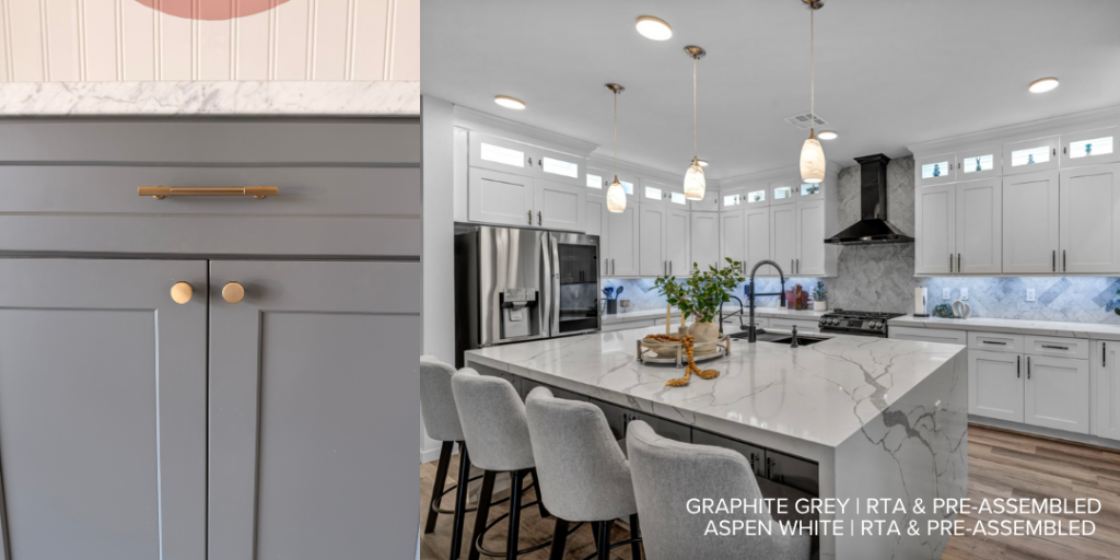 Graphite Grey Kitchen Cabinets with contrasting hardware, Aspen White Kitchen Cabinets with contrasting range hood