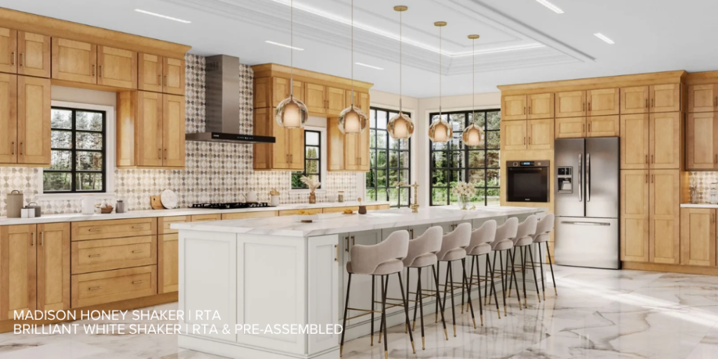 Madison Honey Kitchen Cabinets with Brilliant White Island