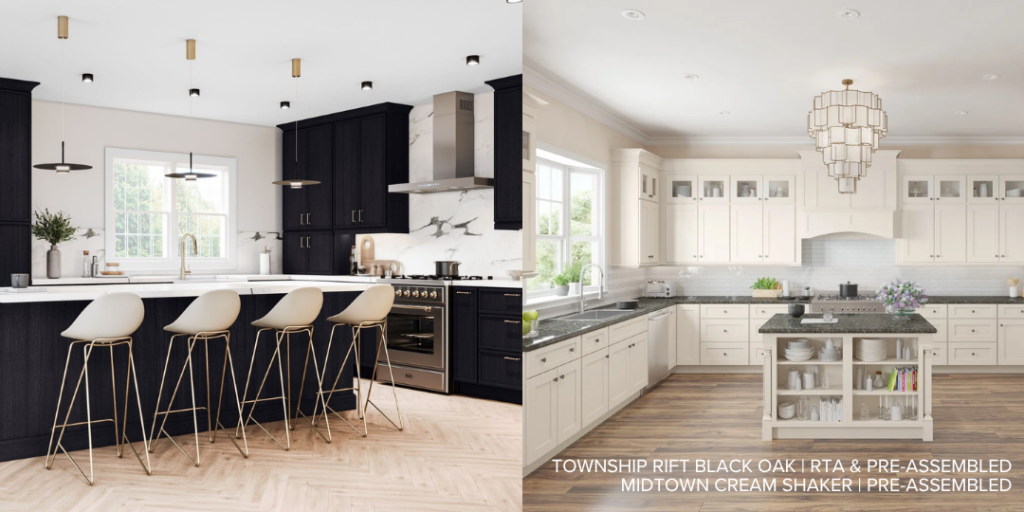Township Rift Black Oak Kitchen Cabinets with contrasting floor, Midtown Creak Shaker Kitchen Cabinets with contrasting countertop