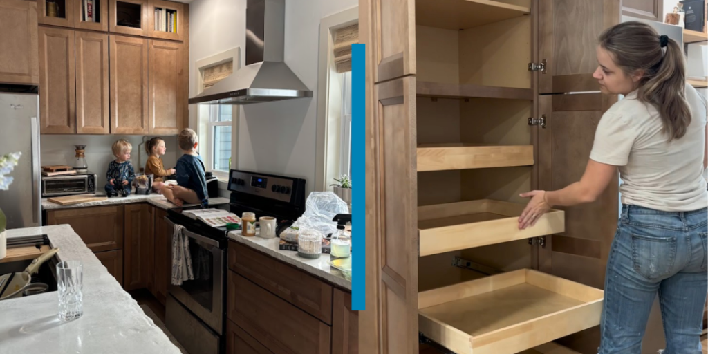 Emma's family in new kitchen; Emma testing kitchen cabinet pantry drawers