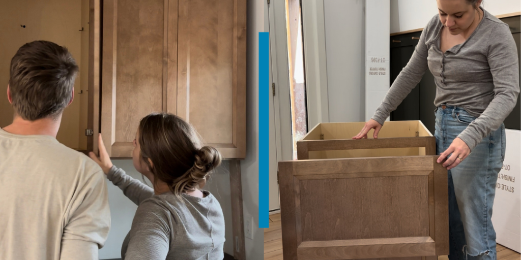 Emma & husband admiring Catalina Toffee kitchen cabinets; Emma testing kitchen cabinet drawer