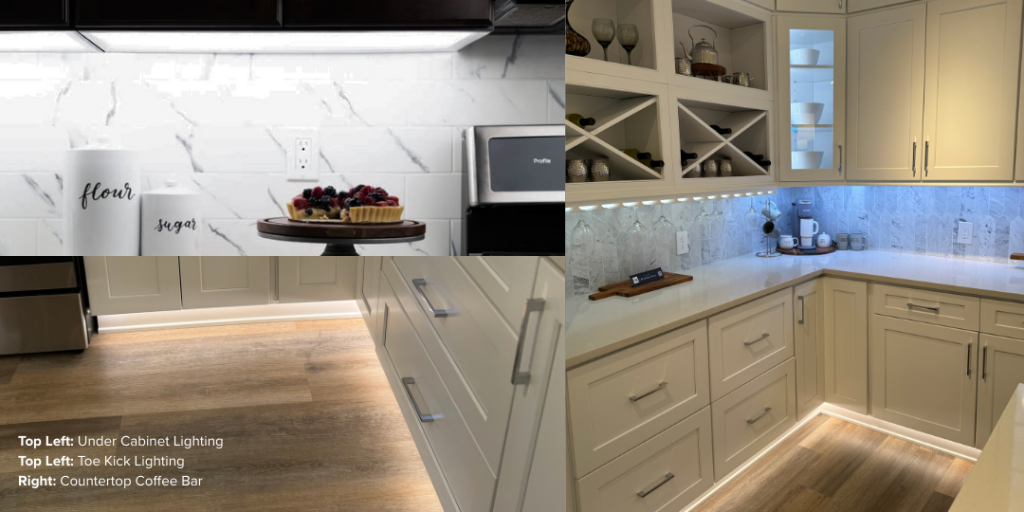Kitchen cabinet organization: Under cabinet lighting, toe kick lighting, countertop coffee bar
