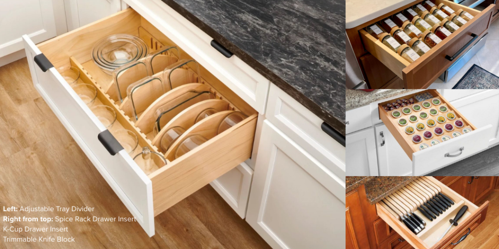 Kitchen cabinet organization: Adjustable tray divider, spice rack drawer insert, k-cup drawer insert, trimmable knife block