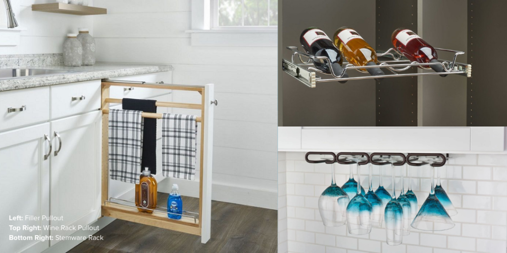 Kitchen cabinet organization: Filler pullout, wine rack pullout, stemware rack