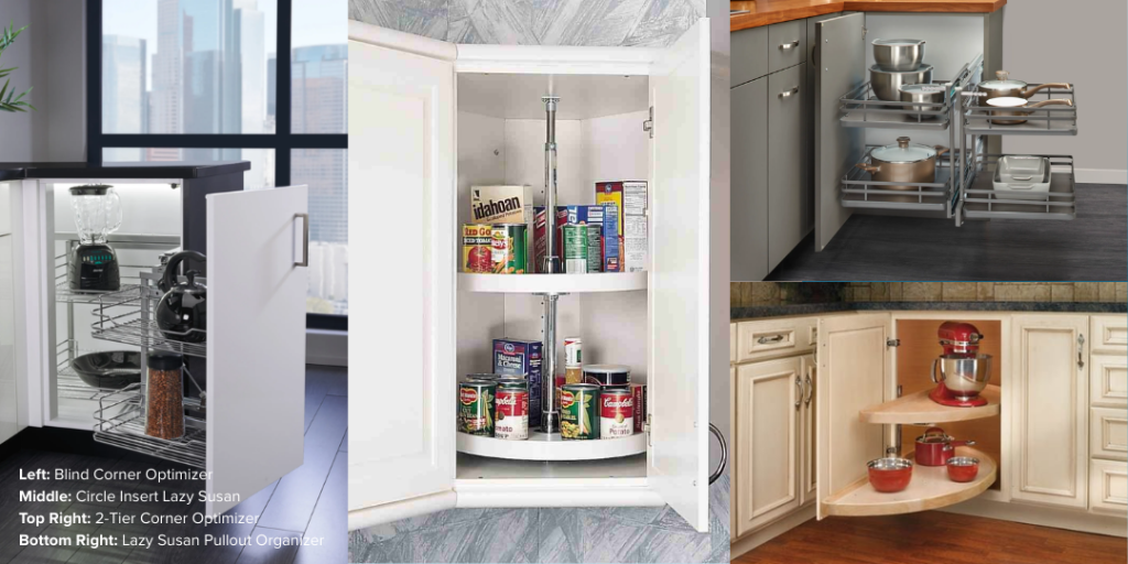 Kitchen cabinet organization: Blind corner optimizer, circle insert lazy susan, 2-tier corner optimizer, lazy susan pullout organizer