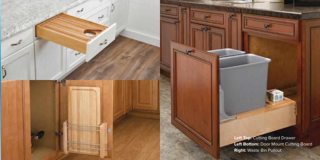 Kitchen cabinet organization: Cutting board drawer, door mount cutting board, waste bin pullout