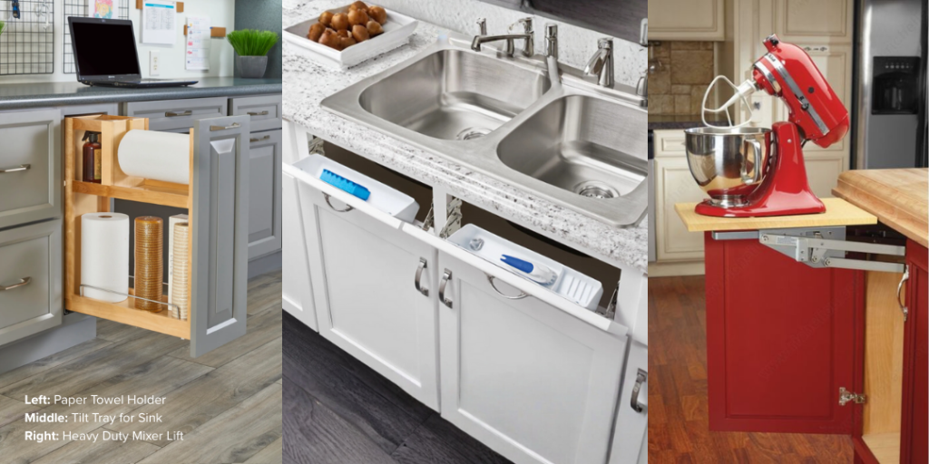 Kitchen cabinet organization: Paper towel holder, tilt tray for sink, heavy duty mixer lift