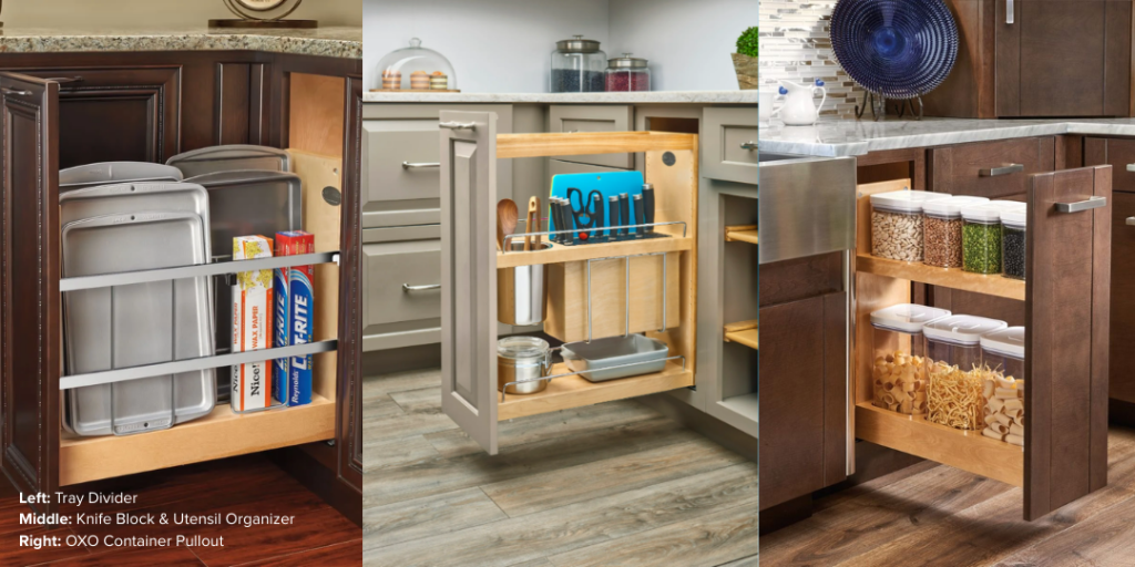 Kitchen cabinet organization: Tray divider, knife block & utensil organizer, OXO container pullout