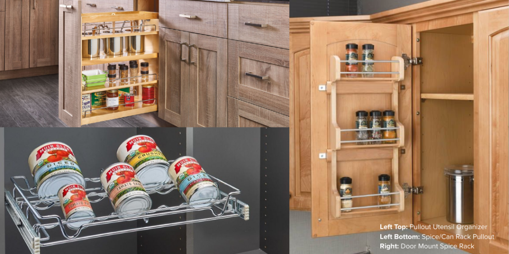 Kitchen cabinet organization: Pullout utensil organizer, spice/can rack pullout, door mount spice rack
