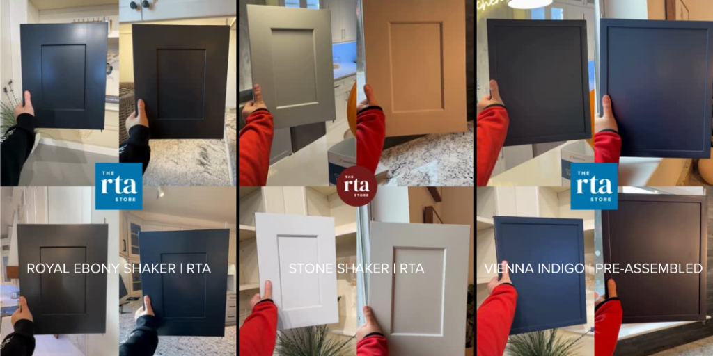 Cabinet samples in different lighting - Royal Ebony Shaker, Stone Shaker, Vienna Indigo