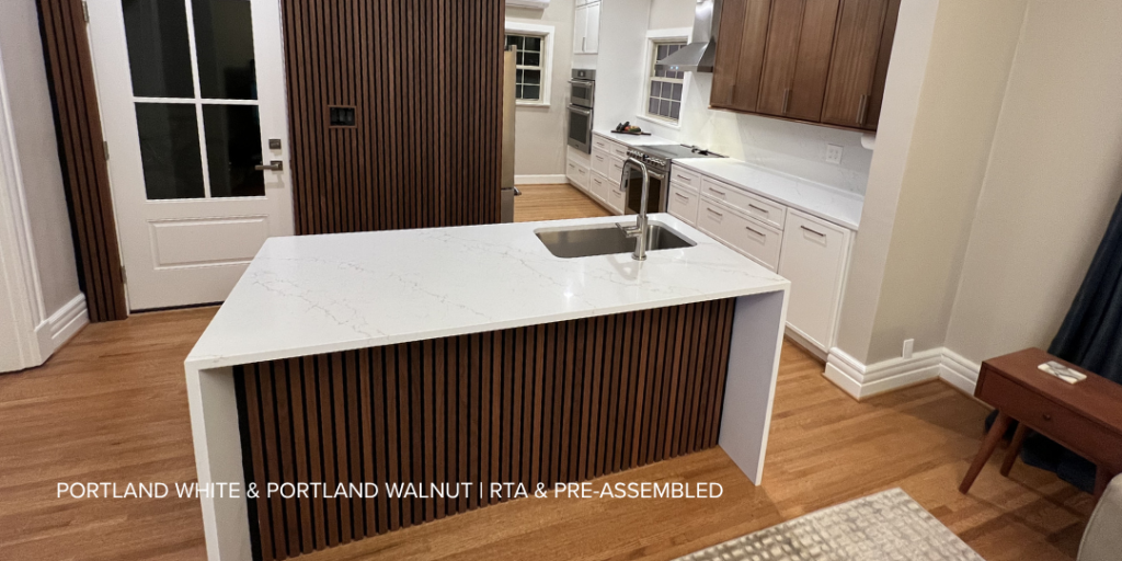 Waterfall Countertop Island - Portland White & Portland Walnut Kitchen Cabinets